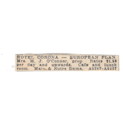 Hotel Corona M.J. O'Conor Main & Notre Dame Winnipeg 1920 Ad AG2-S4