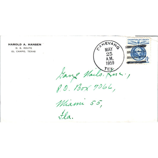 1959 Danevang TX Harold Hansen to Miami FL Postal Cover Ai5-PCL