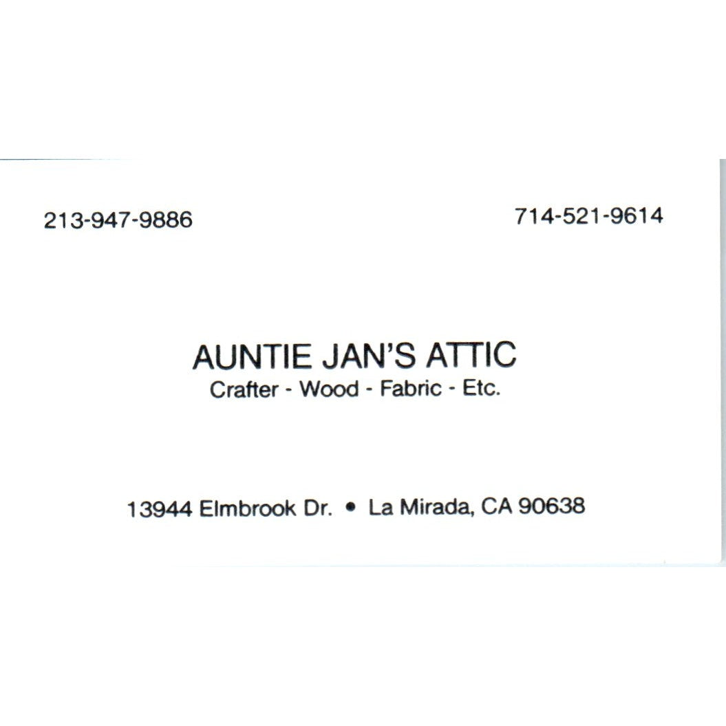Auntie Jan's Attic Crafts La Mirada CA Vintage Business Card SD8-B19