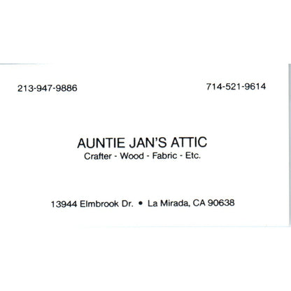 Auntie Jan's Attic Crafts La Mirada CA Vintage Business Card SD8-B19