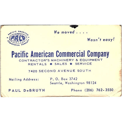 Paul DeBruyn Pacific American Commercial Co Seattle Vintage Business Card TH2-B1