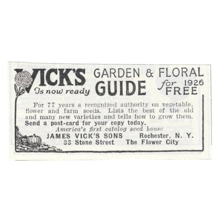 James Vick's Sons Gardens and Flowers Rochester NY 1926 Ad AG3-S23