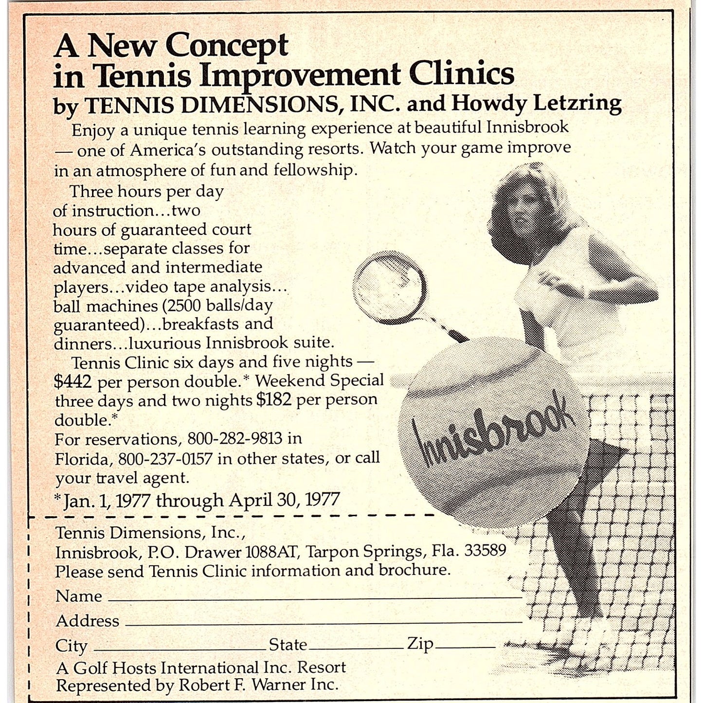 Tennis Improvement Clinics Howdy Letzring Tarpon Springs FL 1977 Ad AF3-M2