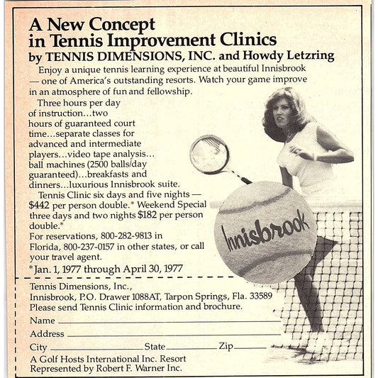 Tennis Improvement Clinics Howdy Letzring Tarpon Springs FL 1977 Ad AF3-M2