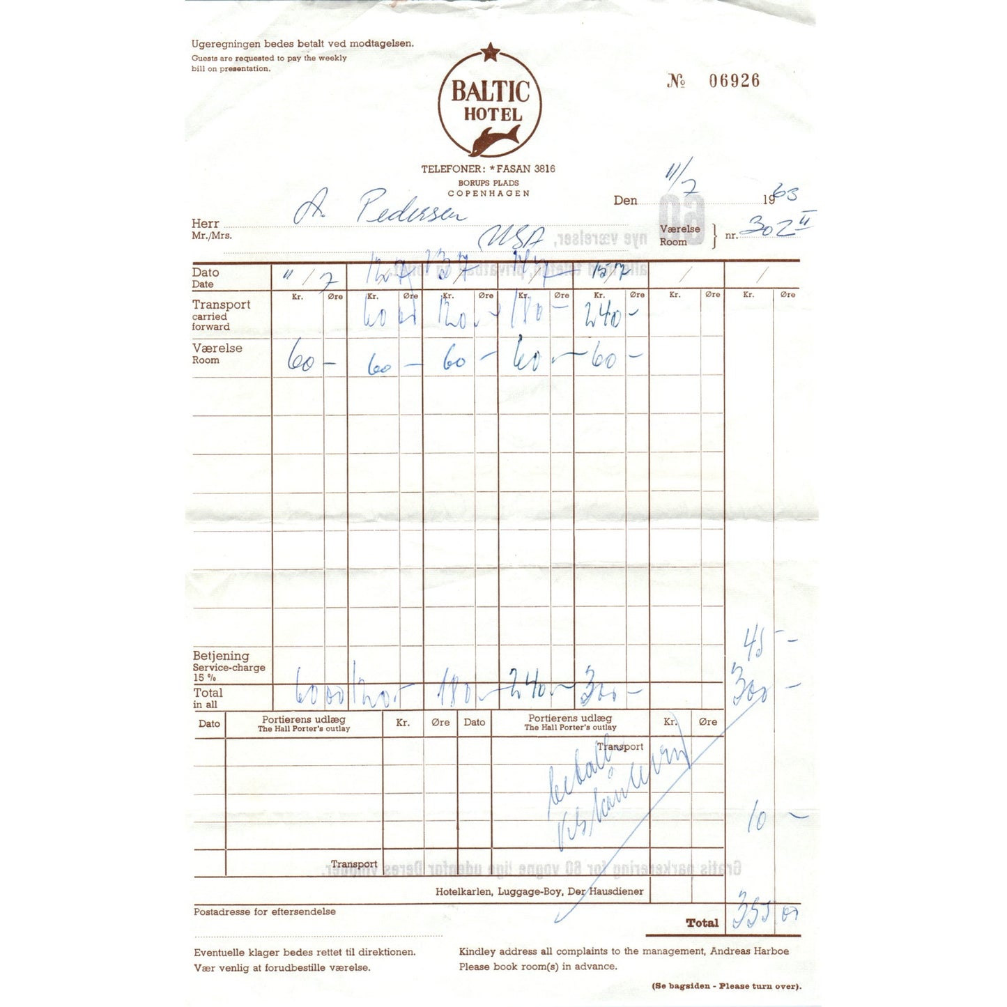 1960s Baltic Hotel Copenhagen Borups Plads Receipt Letterhead AF7-E10