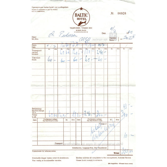 1960s Baltic Hotel Copenhagen Borups Plads Receipt Letterhead AF7-E10