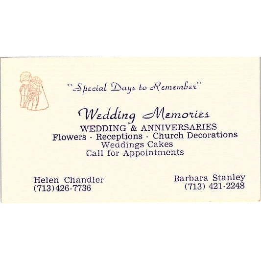 Wedding Memories Helen Chandler Barbara Stanley TX Vintage Business Card SB4-B2