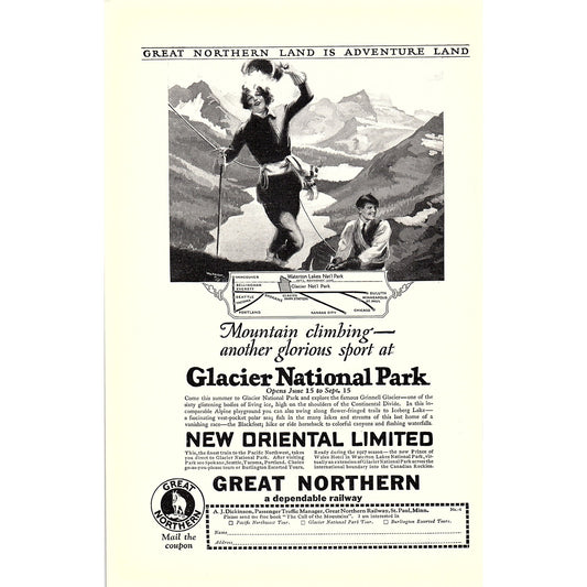 New Oriental Limited Railway Glacier National Park 6x10" 1920s Original Ad D24