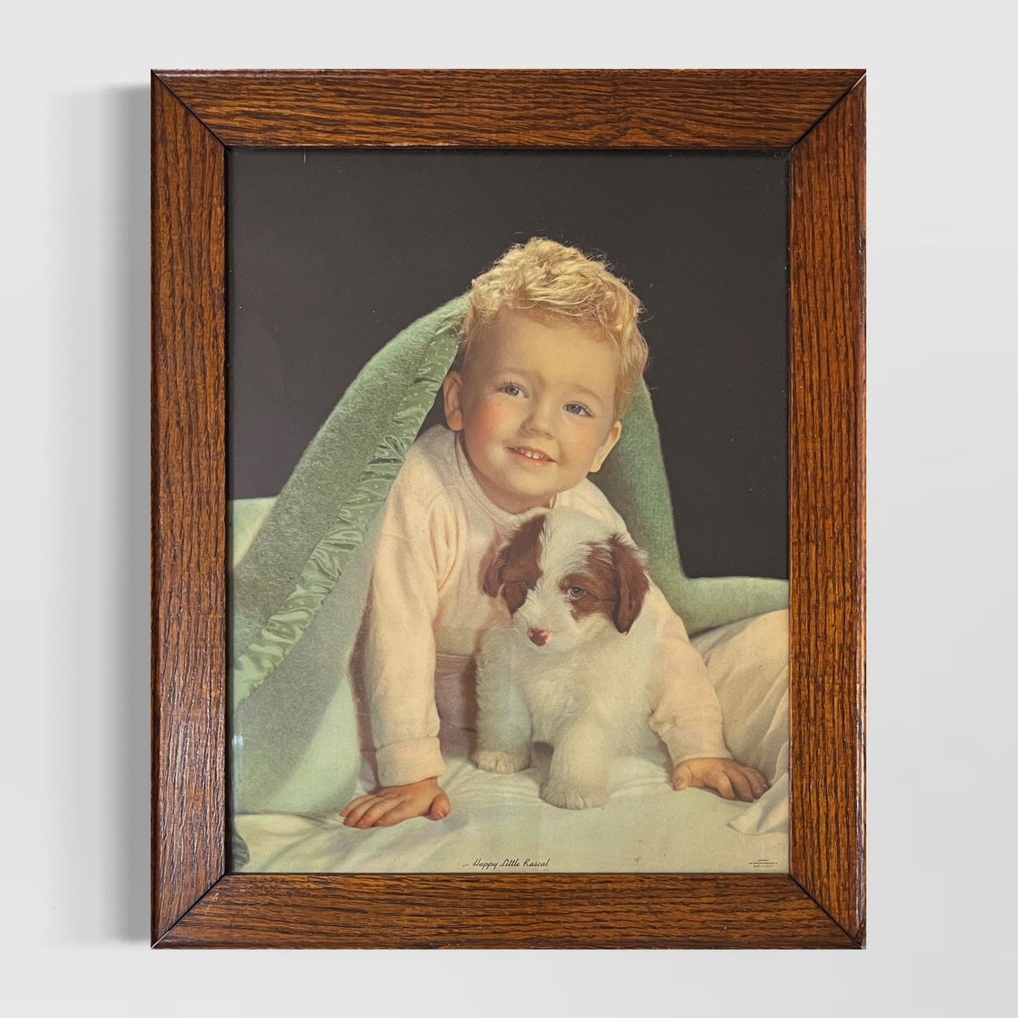 Antique Kitschy Framed Wall Art Print Happy Little Rascal Boy With Puppy Nursery