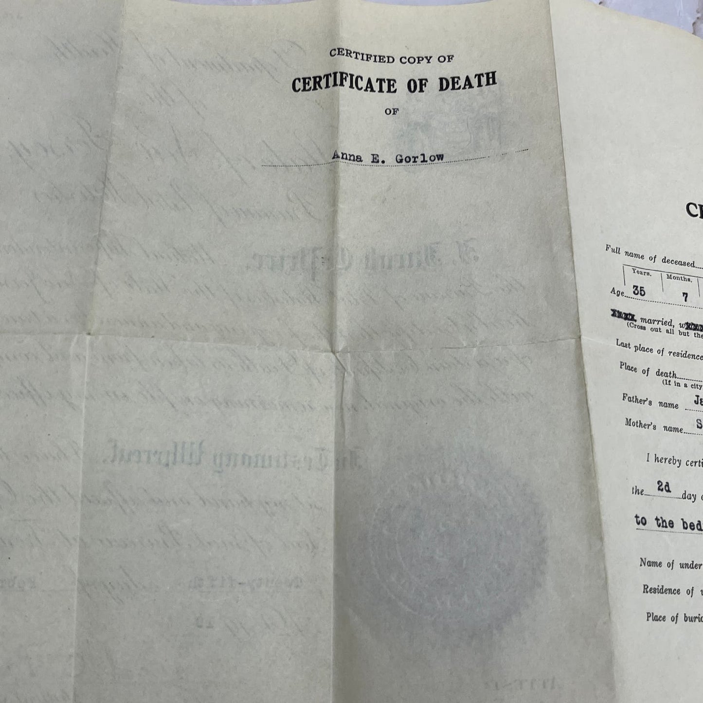 1919 Death Certificate Anna E. Gorlow Reding Township NJ Death By Hanging TG9-E1