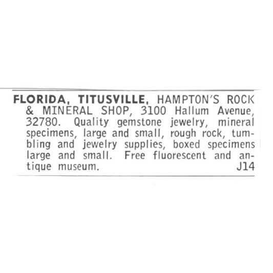 Hampton's Rock and Mineral Shop Titusville Florida 1972 Ad AF8-S22