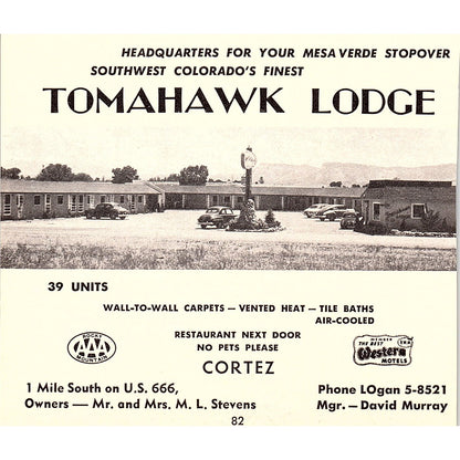 Tomahawk Lodge M.L. Stevens, Aneth Lodge Frank Spurr Cortez CO 1958 Ad AG1-H1
