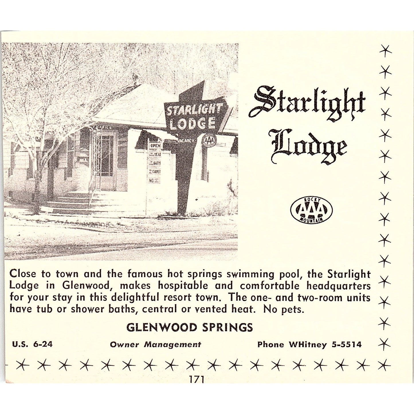 Starlight Lodge, The Western Motel Glenwood Springs CO 1958 Ad AG1-H2