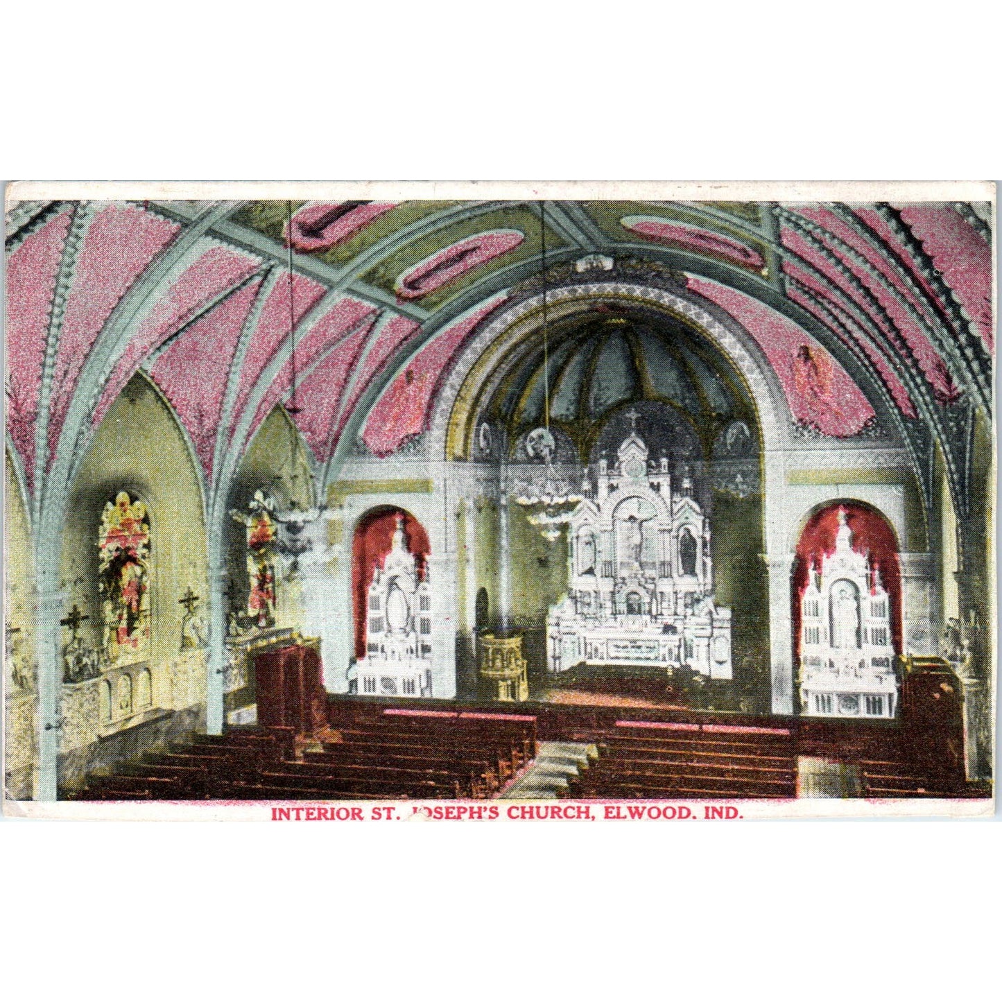 c1910 St. Joseph's Church Interior Elwood IN Original Postcard PC10