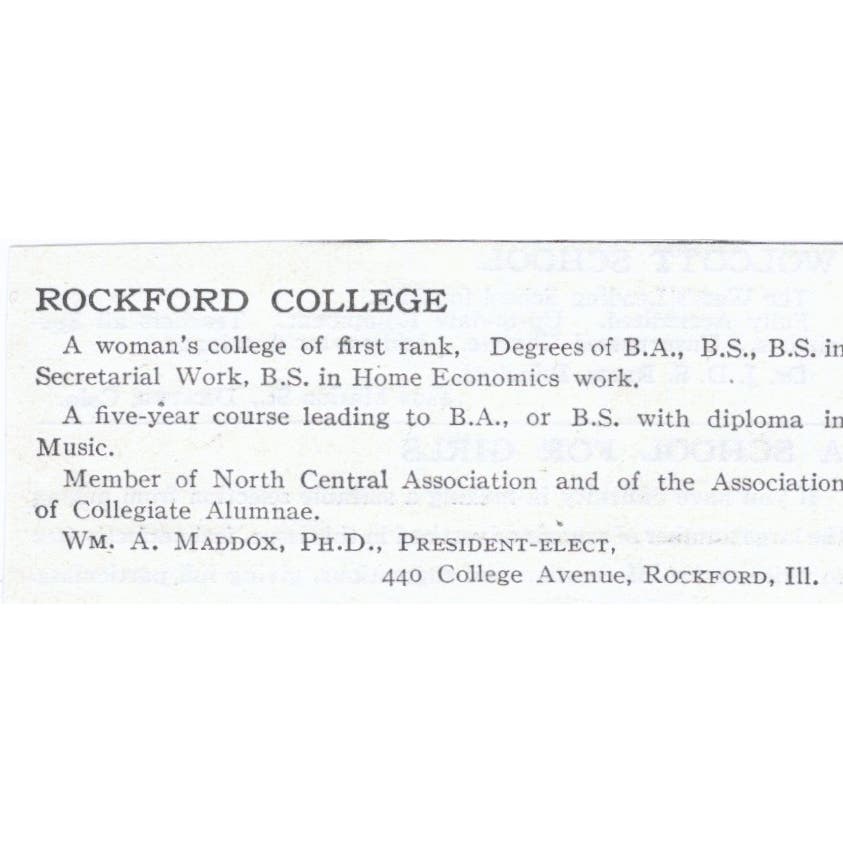 Rockford College Wm. A. Maddox IL c1918 Original Magazine Advertisement AE5-SA3