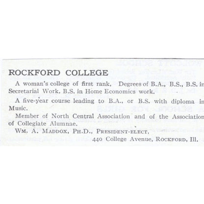 Rockford College Wm. A. Maddox IL c1918 Original Magazine Advertisement AE5-SA3