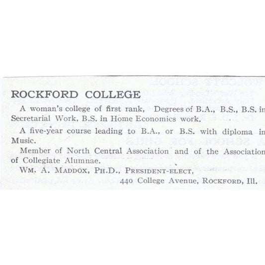 Rockford College Wm. A. Maddox IL c1918 Original Magazine Advertisement AE5-SA3