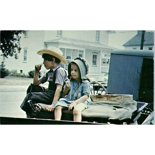 Amish Boy & Girl Lick a Lollipop Pennsylvania Dutch Country Vintage Postcard PD5