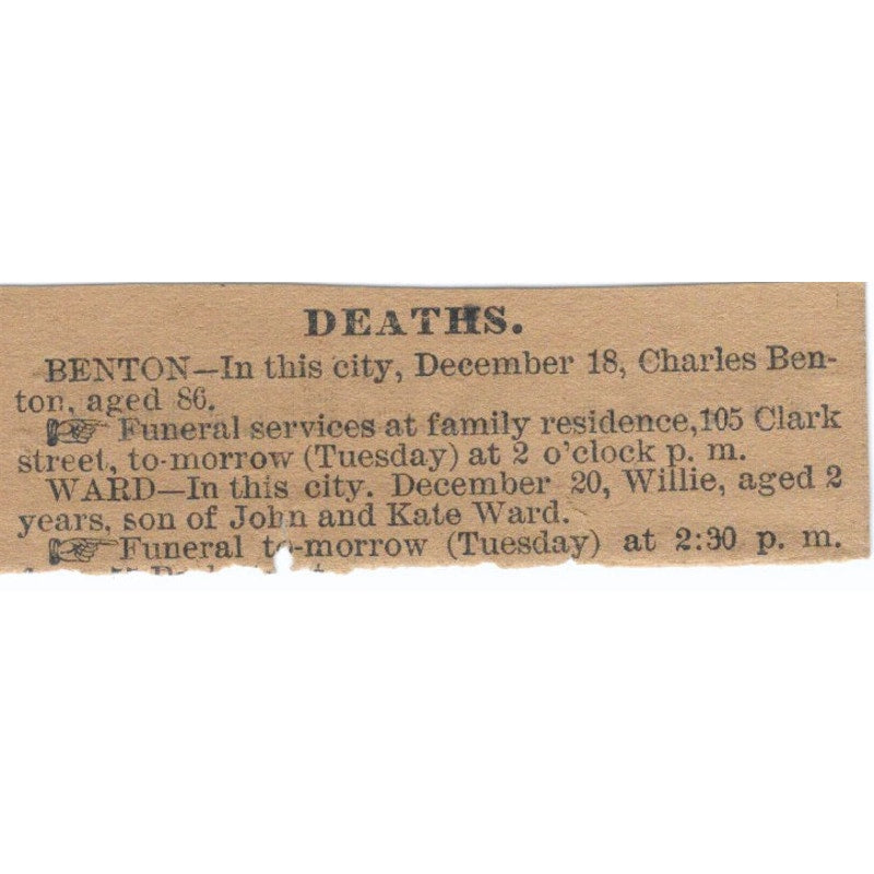 Charles Benton Willie Ward Death Announcement Hartford 1886 Newspaper Ad AF7-SS7