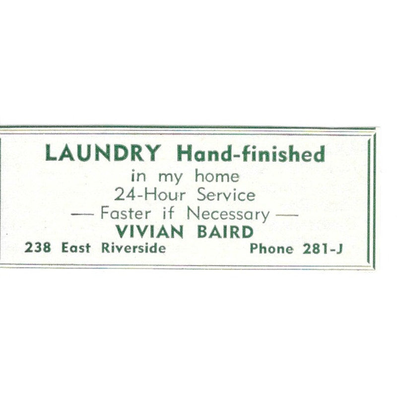 Vivian Baird Hand-Finished Laundry 238 E Riverside 1957 Estes Park CO Ad AG4-S11