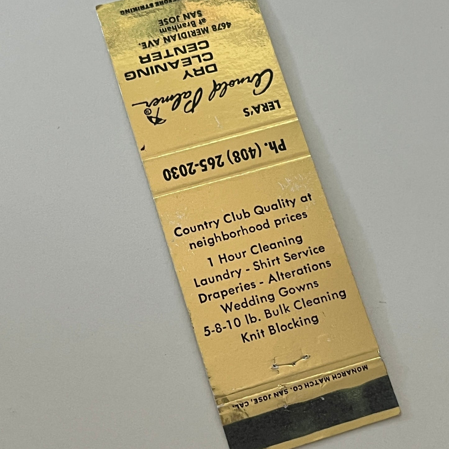 Lera's Arnold Palmer Dry Cleaning Center San Jose Vintage Matchbook MM5-9