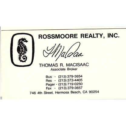Thomas R Macisaac Rossmore Realty Hermosa Beach CA Vintage Business Card SC9-B1