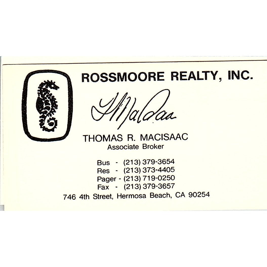 Thomas R Macisaac Rossmoore Realty Hermosa Beach CA Vintage Business Card SC9-B1