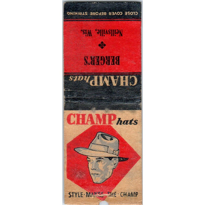 Champ Hats Berger's Neillsville WI Vintage Matchbook Cover SD2-Y12