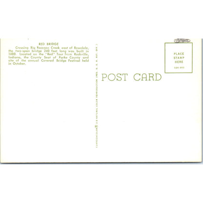 Red Bridge Big Raccoon Creek Rosedale IN Vintage Covered Bridge Postcard PD3