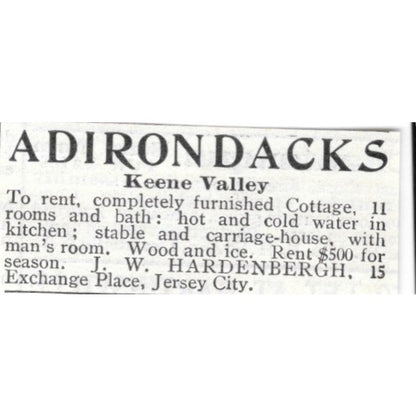 Keene Valley Adirondacks Rental J.W. Hardenbergh Jersey City 1903 Ad AF8-S36