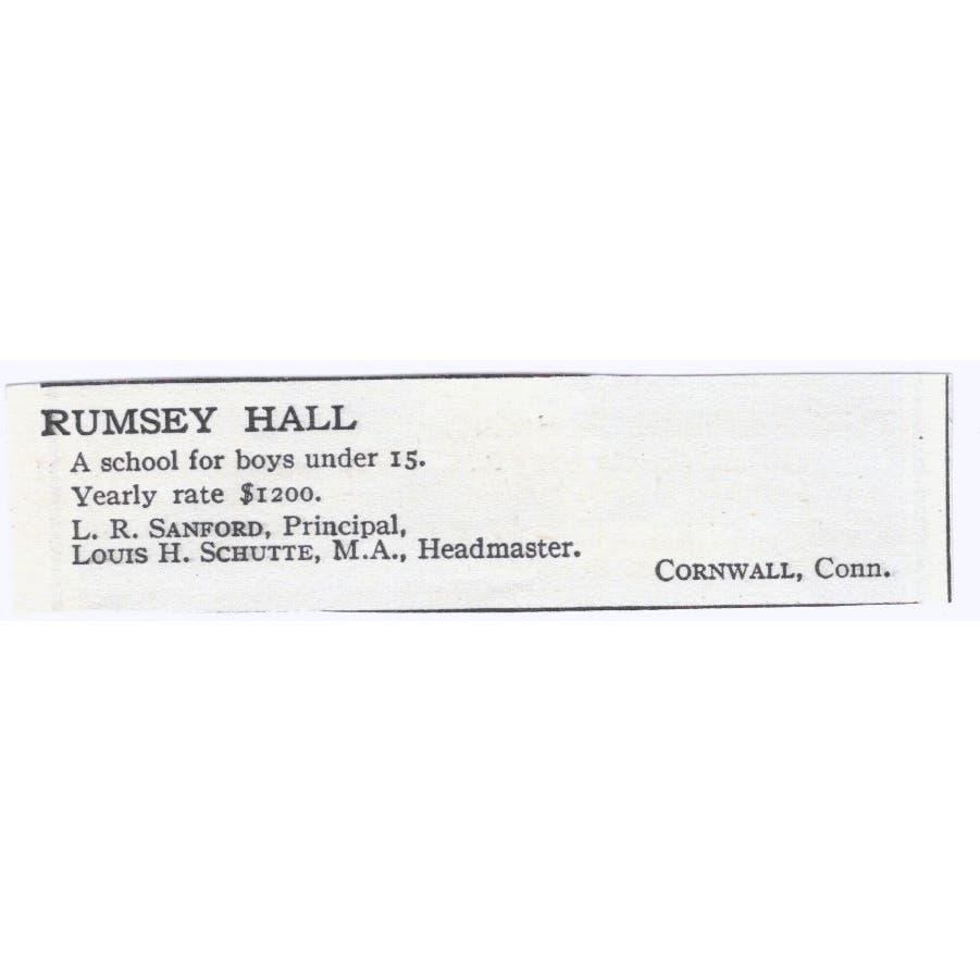 Rumsey Hall L.R. Sanford Louis H Schutte Cornwall CT c1918 Advertisement AE5-SA2