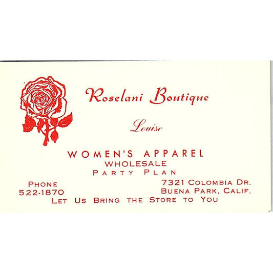 Roselani Boutique Women's Apparel Buena Park CA Vintage Business Card SE5-B5