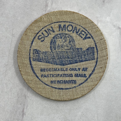 Vintage Sunbury Mall Sun Money 5 Cent Wooden Nickel Chit Token Bangor Maine SB7