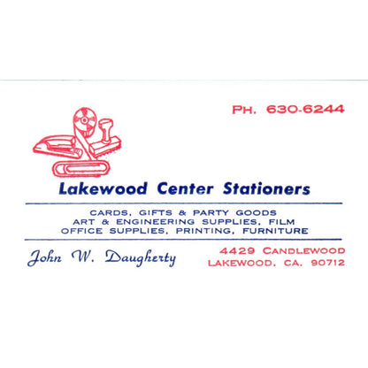 John W. Daugherty Lakewood Center Stationers Lakewood CA Business Card SE3-B4