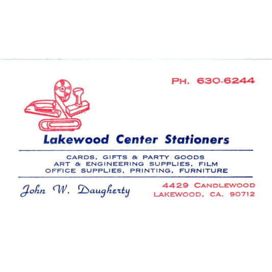 John W. Daugherty Lakewood Center Stationers Lakewood CA Business Card SE3-B4