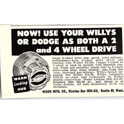 Warn Mfg Co - Warn Locking Hub - Seattle WA 1955 Ad AF9-S7