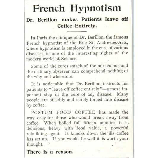 French Hypnotism Dr. Berillon Postum Food Coffee 1903 Magazine Ad AF2-O4