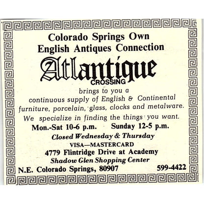 Atlantique Crossing Antiques Colorado Springs CO 1984 Ad AF9-M4