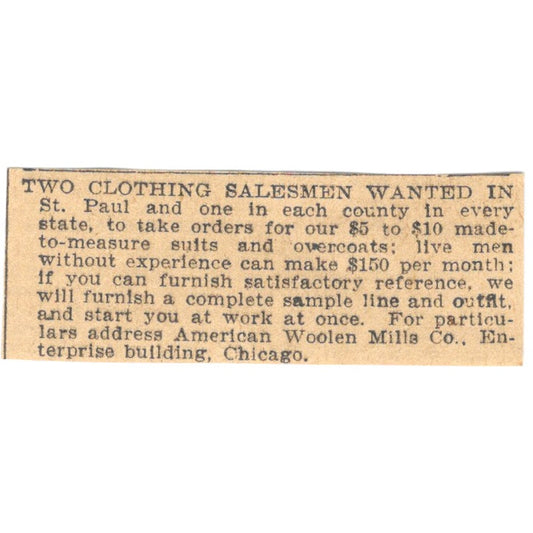 American Woolen Mills Co Chicago Salesmen Wanted 1898 Newspaper Ad AF2-S6