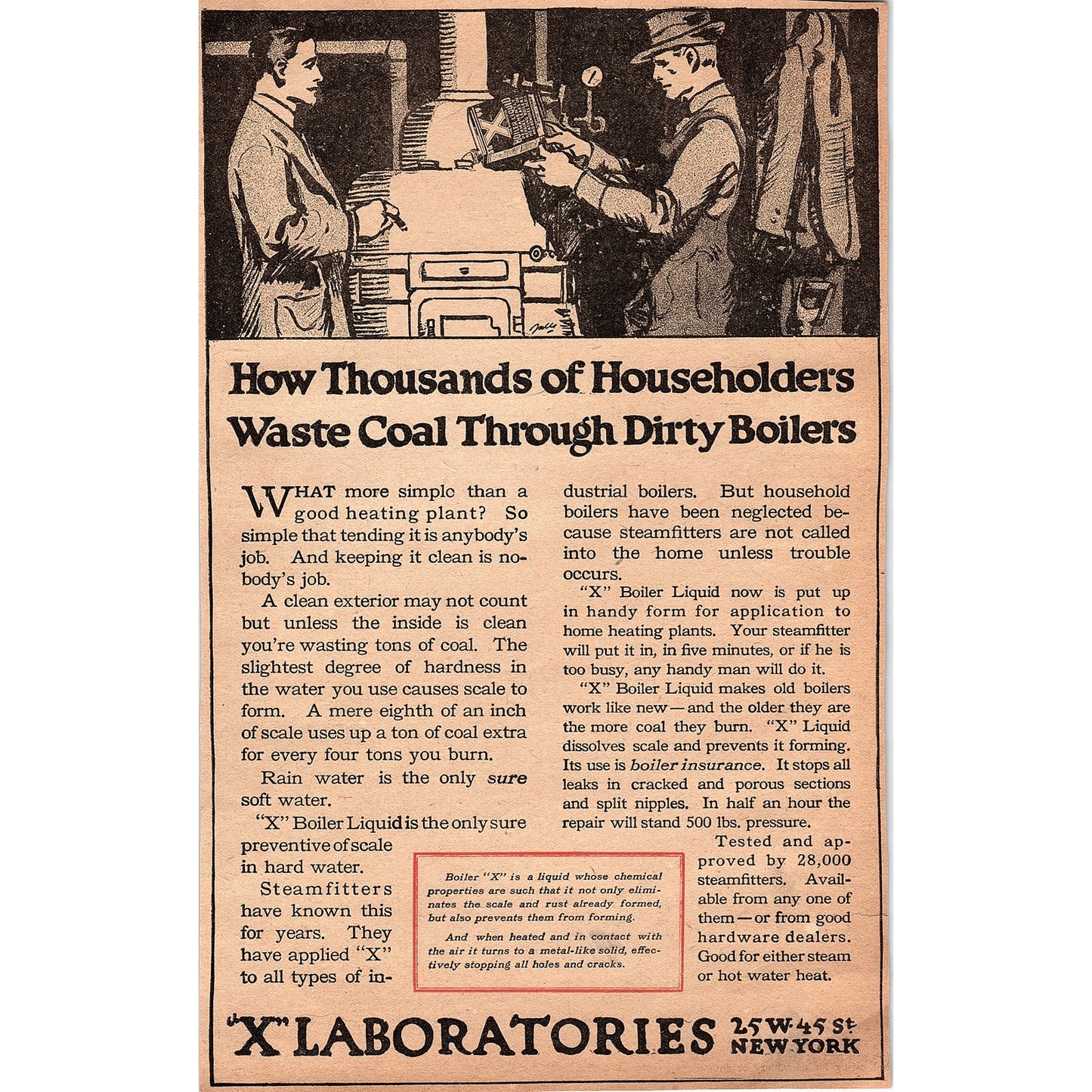 X Laboratories - X Boiler Liquid for Dirty Boilers New York 1920 Ad AG2-6