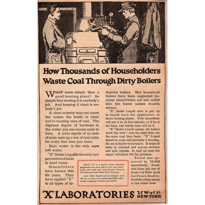 X Laboratories - X Boiler Liquid for Dirty Boilers New York 1920 Ad AG2-6