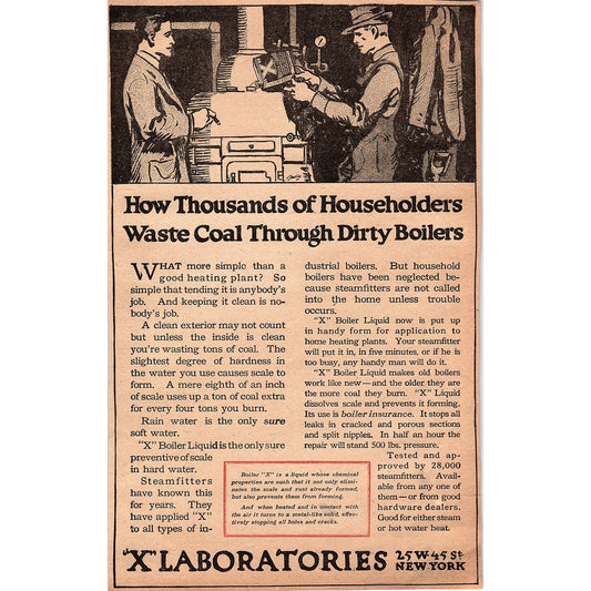 X Laboratories - X Boiler Liquid for Dirty Boilers New York 1920 Ad AG2-6