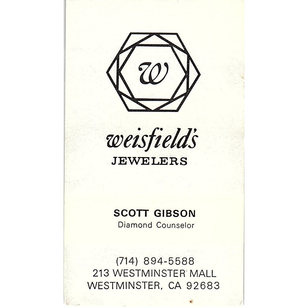 Weisfield's Jewelers Scott Gibson Westminster CA Vintage Business Card SB4-B1