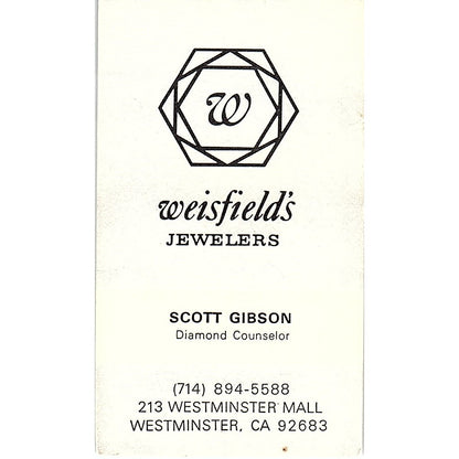 Weisfield's Jewelers Scott Gibson Westminster CA Vintage Business Card SB4-B1