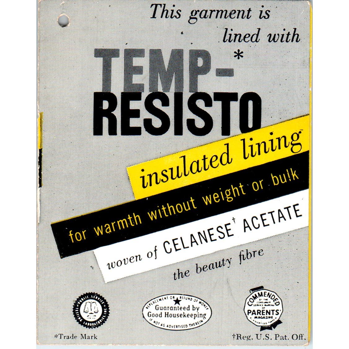 Vintage Temp-Resisto Insulated Lining Garment Tag AE2