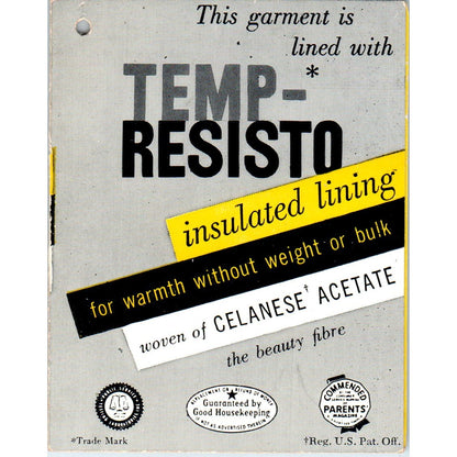 Vintage Temp-Resisto Insulated Lining Garment Tag AE2