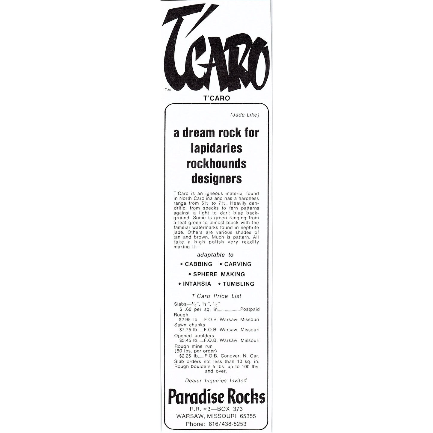 Paradise Rocks T'Caro Warsaw Missouri 1972 Ad AF8-2
