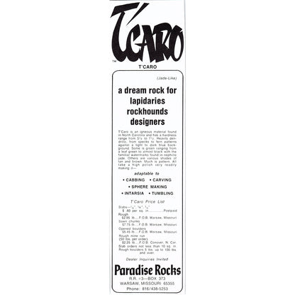 Paradise Rocks T'Caro Warsaw Missouri 1972 Ad AF8-2