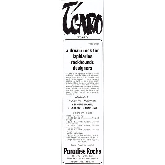 Paradise Rocks T'Caro Warsaw Missouri 1972 Ad AF8-2