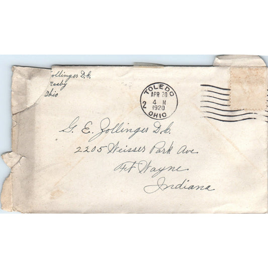 1920 4-20 C.F. Zollinger Toledo to G.E. Zollinger Ft. Wayne Postal Cover TG7-PC1